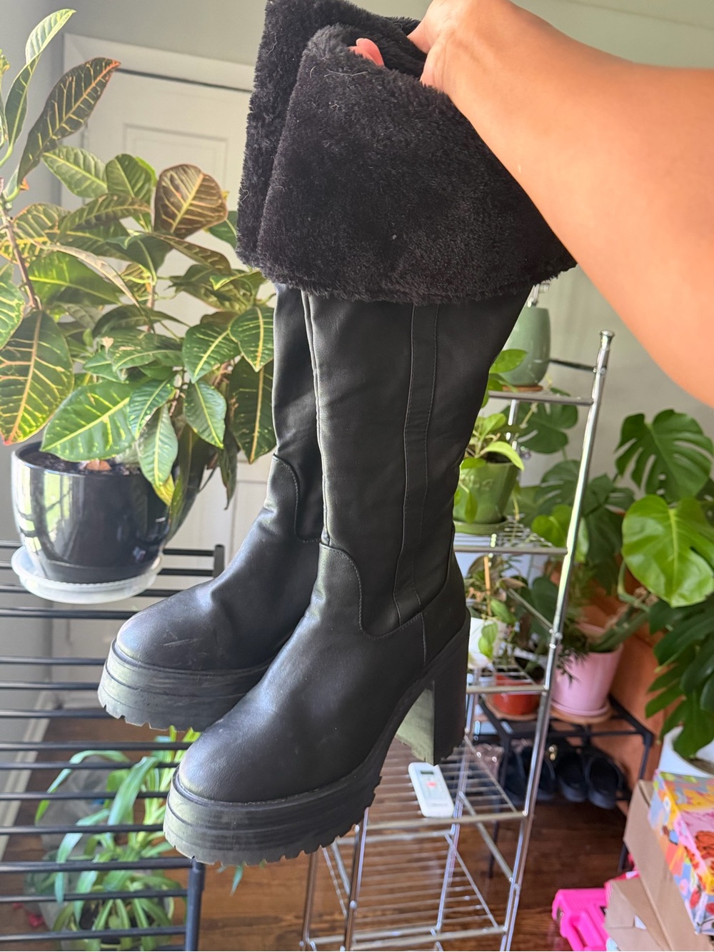 Fashion Nova Black Faux Fur-Trim Platform Knee Boots